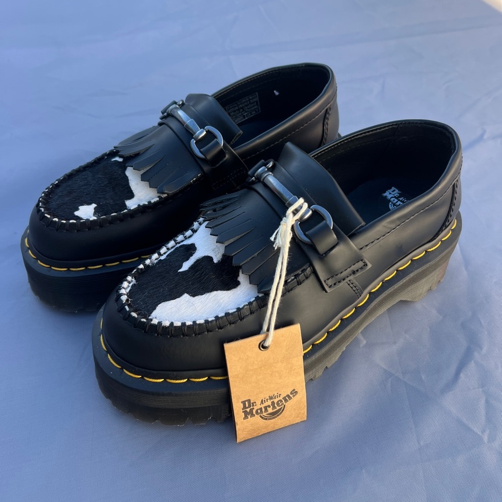 NEW Dr. Martens Adrian Snaffle Quad Platform Loafer Cow Print SZ EU39/W8/M7